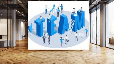 isometric vector illustration isolated on white background, the word team from capital letters and people in business clothes are working in a team Wall mural