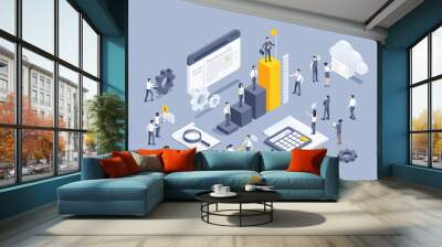 isometric vector illustration on a gray background, a man in a business suit with a flag stands on the highest column of the chart and other people working in team on work tasks, achieve result Wall mural