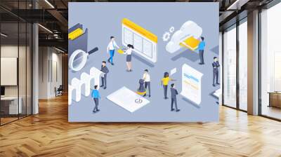 isometric vector illustration on a gray background, a set of objects and people in business clothes are working with documents, drafting and processing paper documents Wall mural