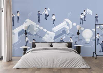 isometric vector illustration on a gray background, an abstract path to success through key stages, developing a strategy, people in business clothes work in a team Wall mural