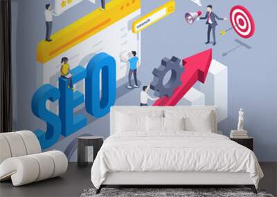 isometric vector illustration on a gray background, the word seo in the browser window and people work as a team, chart with up arrow, magnifier and gears, internet promotion Wall mural