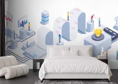 isometric vector illustration on a white background, data collection and processing conveyor line, people work in a team Wall mural