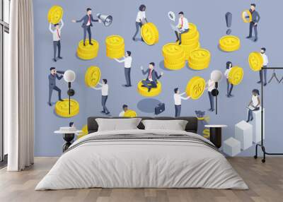 isometric vector illustration on gray background, set of people in business clothes with coins, business and finance Wall mural