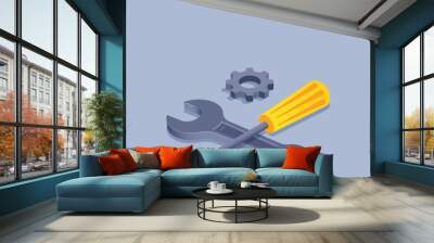 isometric vector illustration on gray background, wrench and screwdriver icon next to gear, setting and repair something Wall mural