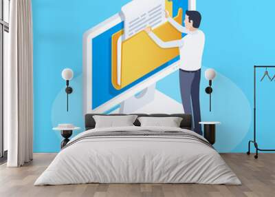 isometric vector image on a blue background, business concept, a man pulls out a document from a folder on a computer screen, office work with documentation Wall mural