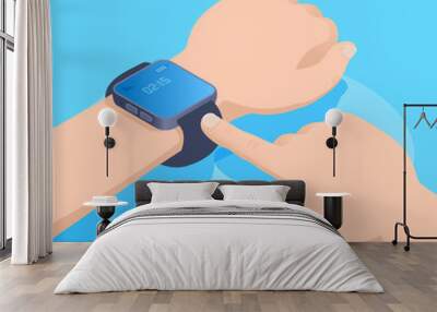 isometric vector image on a blue background, smart watch on a male hand, new technologies Wall mural