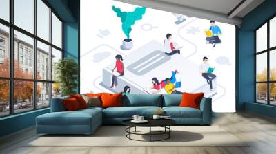 isometric vector image on a white background, people read books sitting on a big book and icons, reading in the library or learning Wall mural