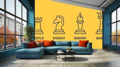 set of linear icons on a yellow background, types of chess pieces Wall mural