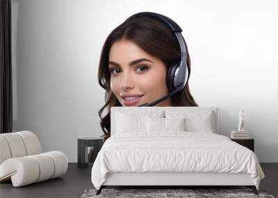 brunette, beautiful call center girl is talking with her client. she is isolated against a white background, serving as a customer support female agent wearing a headset Wall mural