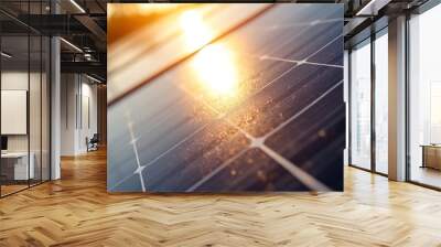 A close-up of a solar panel reflecting sunlight highlights the efficiency of solar energy technology, showcasing its role in sustainable energy solutions. Wall mural