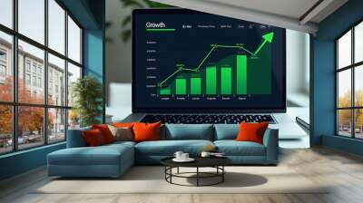 A financial growth graph displayed on a laptop screen, showcasing increasing trends and positive performance metrics. Represents modern financial analysis, investment success, and economic progress. Wall mural