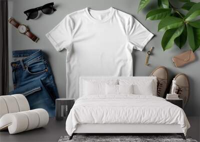 A flat lay mockup featuring a t-shirt alongside jeans and accessories offers a stylish presentation for showcasing outfits, perfect for fashion marketing and online retail. Wall mural