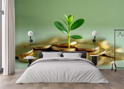 A plant sprouting from a pile of coins, symbolizing financial growth and investment success. The imagery represents the concept of wealth building, savings, and nurturing prosperity Wall mural