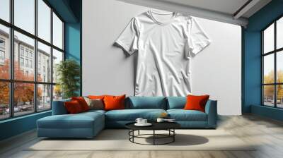 A t-shirt mockup on a plain white background offers a clean and minimalistic presentation, ideal for showcasing designs and graphics with clarity for marketing purposes. Wall mural