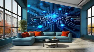 Abstract digital network circuit board background banner with glowing light and connecting data dots in blue and black colors. Big data technology concept. Wall mural