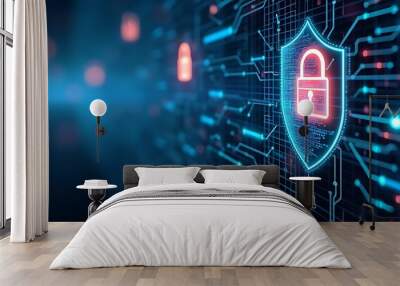 An illustration of a cybersecurity firewall featuring digital lock icons, symbolizing protection and security in the digital realm. Emphasizes the importance of safeguarding data and networks. Wall mural