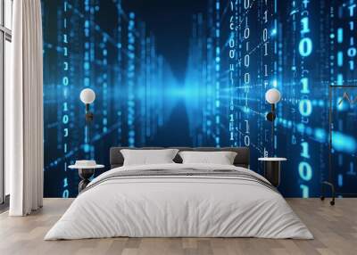 Binary code matrix background, perspective view with depth of field, tech style green illuminated numbers, technology futuristic blue backgrounds Wall mural