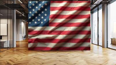 Close-up of the American flag with stars and stripes, showcasing the vibrant red, white, and blue colors. Perfect for patriotic themes, national pride, and USA-related content. Wall mural