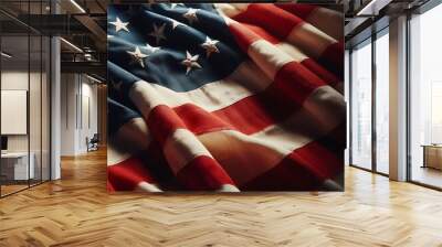 Close-up of the American flag with stars and stripes, showcasing the vibrant red, white, and blue colors. Perfect for patriotic themes, national pride, and USA-related content. Wall mural