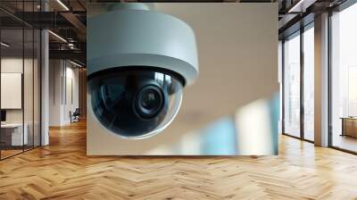 Closeup of white dome type cctv digital security camera installed on ceiling for observation. Wall mural