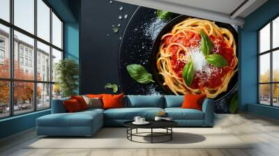 Dark plate with italian spaghetti on dark Wall mural