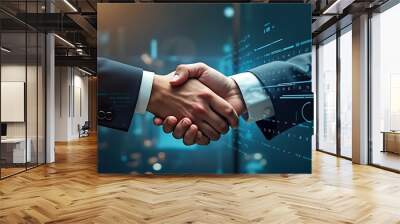 Deal. business man shaking hands with effect global network link connection and graph chart of stock market graphic diagram, digital technology, internet communication, teamwork, partnership concept Wall mural