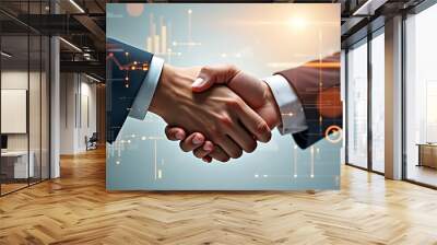 Deal. business man shaking hands with effect global network link connection and graph chart of stock market graphic diagram, digital technology, internet communication, teamwork, partnership concept Wall mural