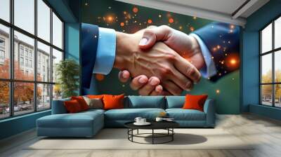 Deal. business man shaking hands with effect global network link connection and graph chart of stock market graphic diagram, digital technology, internet communication, teamwork, partnership concept Wall mural