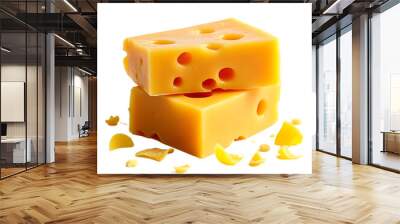 Floated Single cheddar cheese slice isolate on transparency background PNG Wall mural