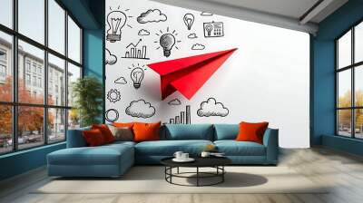 Red paper plane and business strategy on white background, Business success, innovation and solution concept, copy space Wall mural