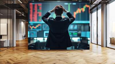 Stressed Stock Exchange Trader Can't Apprehend a Sudden Stock Market Collapse. Financial Crisis Concept with Stock Broker Saddened by Negative Ticker Information, Red Graphs and Real-Time Data Wall mural