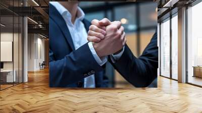 Successful negotiate and handshake concept, two businessman shake hand with partner to celebration partnership and teamwork, business deal Wall mural