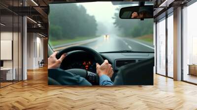 The point-of-view perspective from a driving car on a highway captures the sense of motion and travel Wall mural