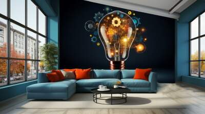 A classic light bulb illuminated over a dark background with various icons of gears, charts, and graphs inside, representing innovation and strategic thinking in business Wall mural