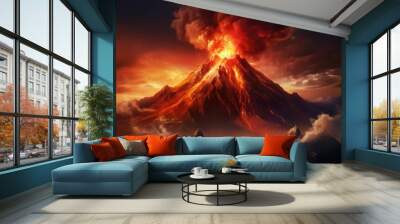 aerial view of volcano eruption with smoke and lava flowing. Natural disaster. Wall mural