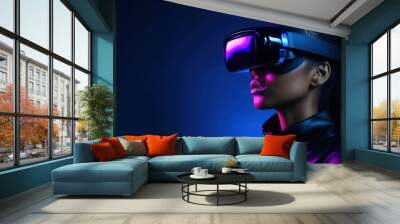 African American woman wearing virtual reality headset neon blue colors horizontal website banner copy space leftt. Diverse girl in VR glasses. Augmented reality and futurist technology concept. Wall mural