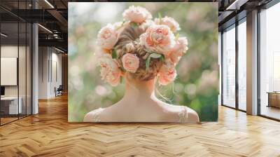 beautiful caucasian blonde model  with pink peonies  flower crown on her head, beauty from behind closeup portrait in the park with bokeh background. Bridal wedding fashion. Wall mural