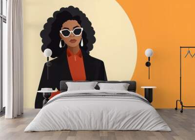 black businesswoman flat illustration in orange color palette. Female freelancer  working on her project. Wall mural