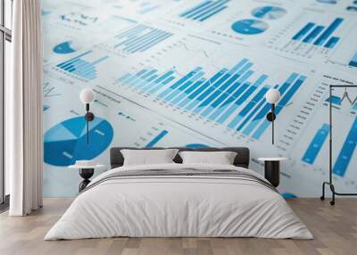 Blue color graphs and information charts diagram. Business report and investment stock chart.  Wall mural