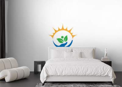 Childcare logo, Hand logo with people, leaf and sun Wall mural