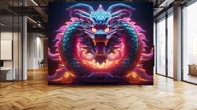 Chinese lunar year red golden wooden dragon symbol 3d render illustration. Non western asian culture celebration and holidays. Wall mural