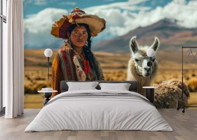 cholita woman of Bolivia with llama - portrait in picturesque landscape with mountains Wall mural