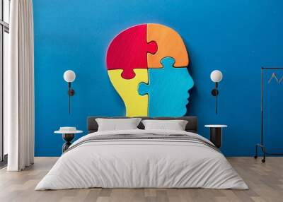 Colorful puzzle head on blue background, concept of plurality of ideas, Generative AI Wall mural