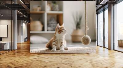 cute indoor kitten playing with eco toy on beige natural jute rug, having fun. Pet cat products ad.  Wall mural