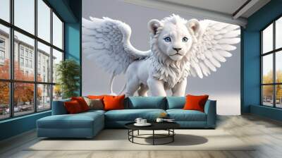 cute white male lion with angel's wings isolated white background Wall mural