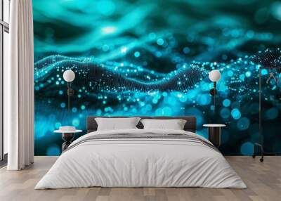 data visualization with turquoise green blue  neon dots connected background banner. hi-tech futuristic illustration with bokeh.	 Wall mural