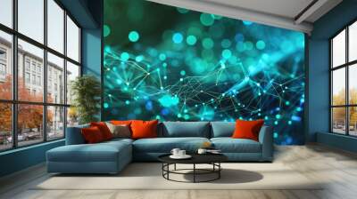 data visualization with turquoise green blue  neon dots connected background banner. hi-tech futuristic illustration with bokeh.	 Wall mural