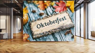 decorative wooden sign close up with Oktoberfest word inscribed, alongside small traditional Bavarian trinkets, autumn aesthetic Wall mural