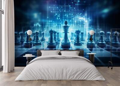 Digital Chess Pieces on a High-Tech Board in Cyberspace Wall mural