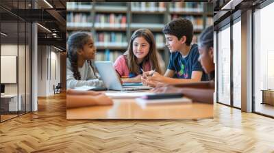 diverse group of middle school students gathered around a table in a library, collaborating on a project, minimal style with copy space, back to school. education concept.  Wall mural